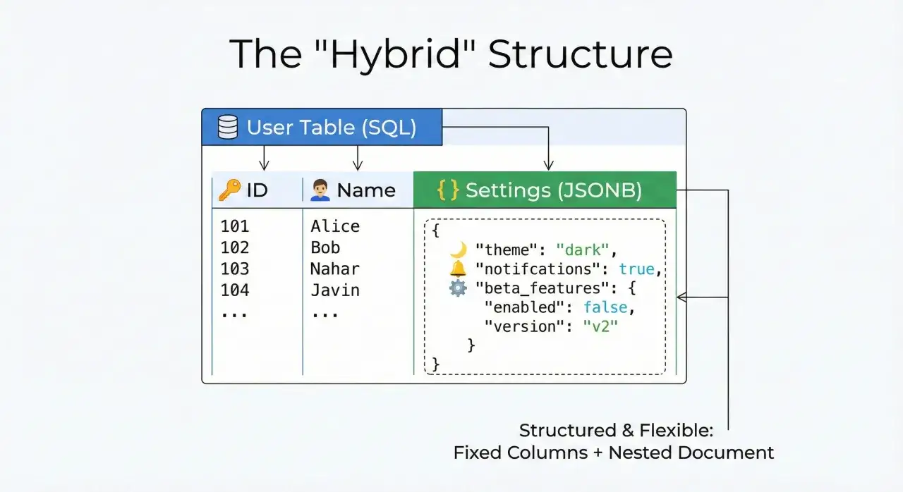 Schema ibrido in PostgreSQL: una tabella SQL con colonne fisse (ID, Nome) e un campo JSONB per impostazioni flessibili.