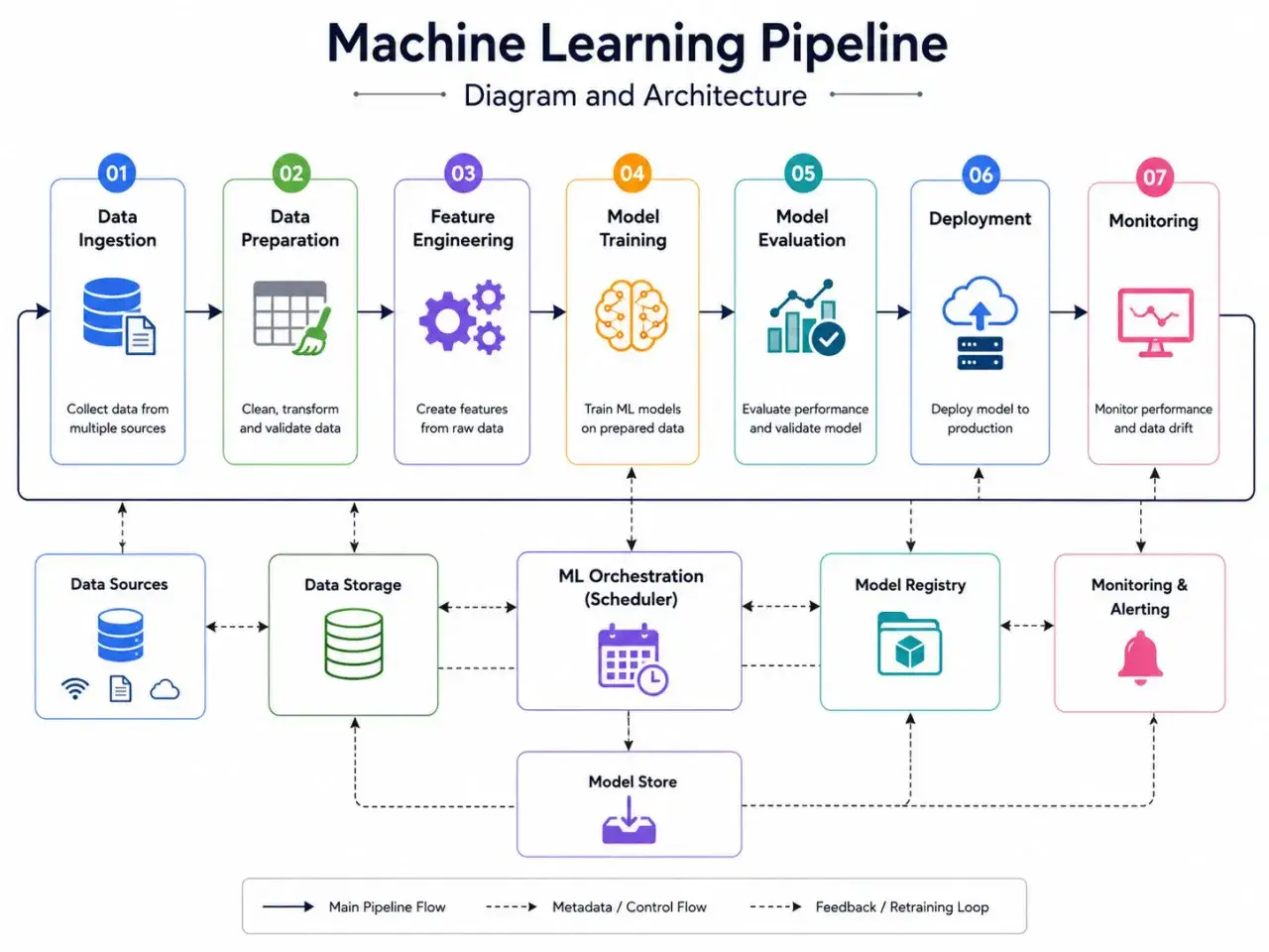 Schema di una pipeline di machine learning, che mostra le fasi di ingestione dati, preparazione, ingegnerizzazione delle feature, training, valutazione, deployment e monitoraggio. Un flusso di lavoro essenziale per l'intelligenza artificiale.