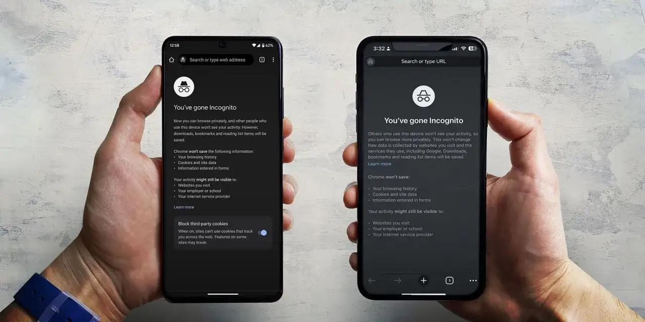 Due smartphone mostrano la schermata di navigazione in incognito da cellulare, con testo che spiega la privacy.