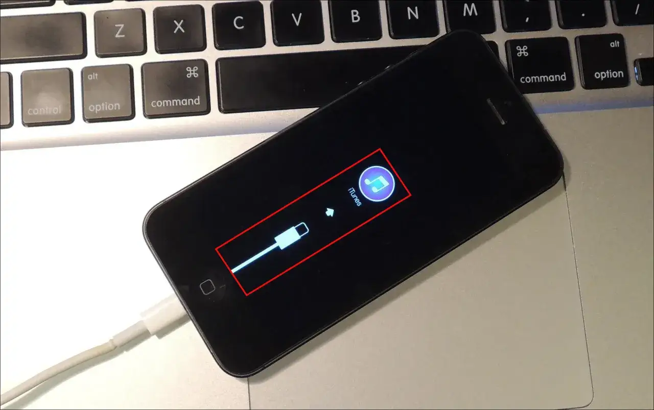iPhone in modalit&agrave; recupero, collegato a iTunes. Icona del cavo e del logo iTunes.