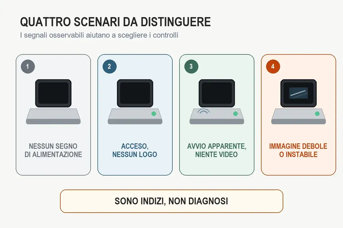Quattro scenari di computer: nessun segno di alimentazione, acceso ma senza logo, avvio apparente senza video, o immagine debole/instabile. Il display cristalli liquidi non si vede in nessuno scenario.