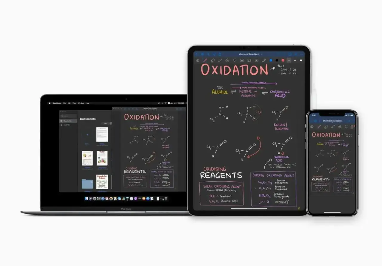 Appunti sul cellulare e tablet mostrano reazioni chimiche di ossidazione, con formule e reagenti.