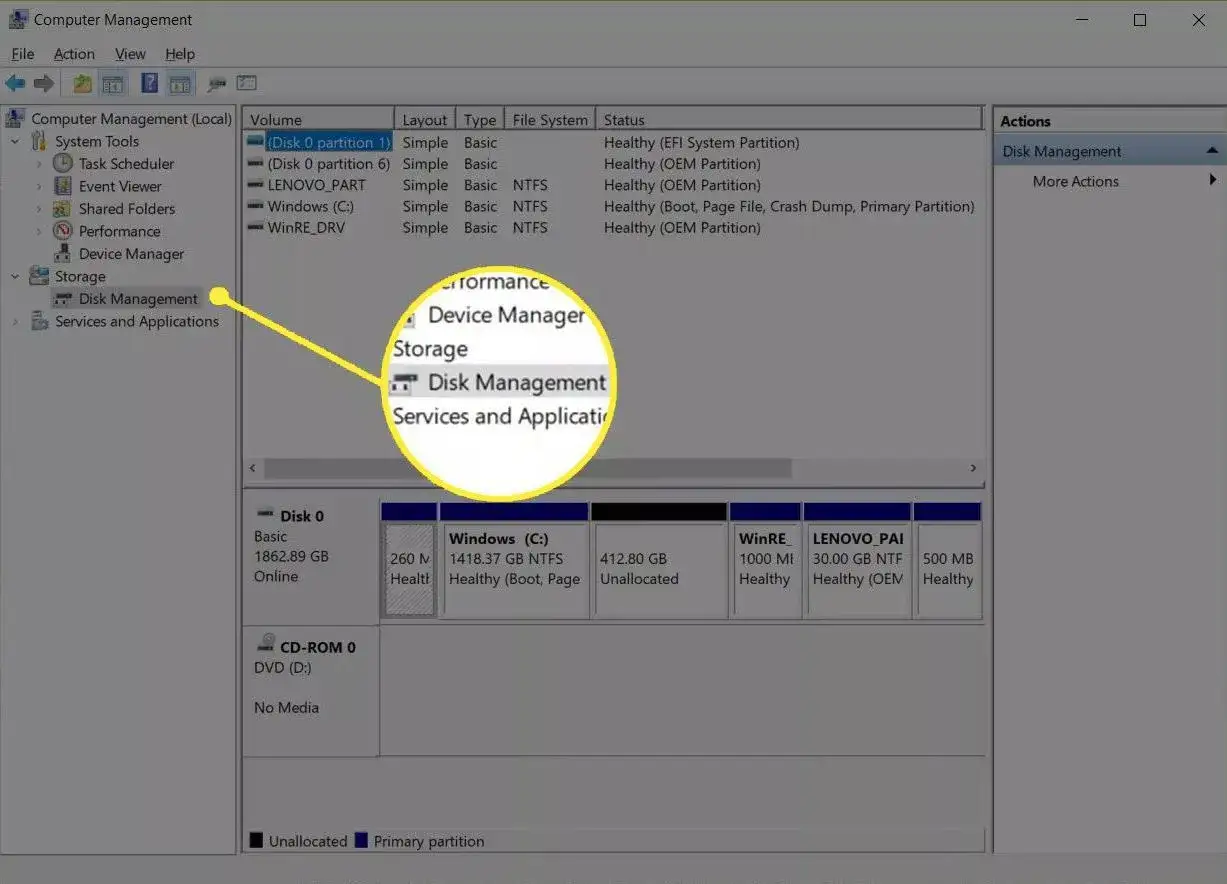Interfaccia di Gestione Disco per creare partizione. Mostra le opzioni per la gestione dello storage e le partizioni esistenti.
