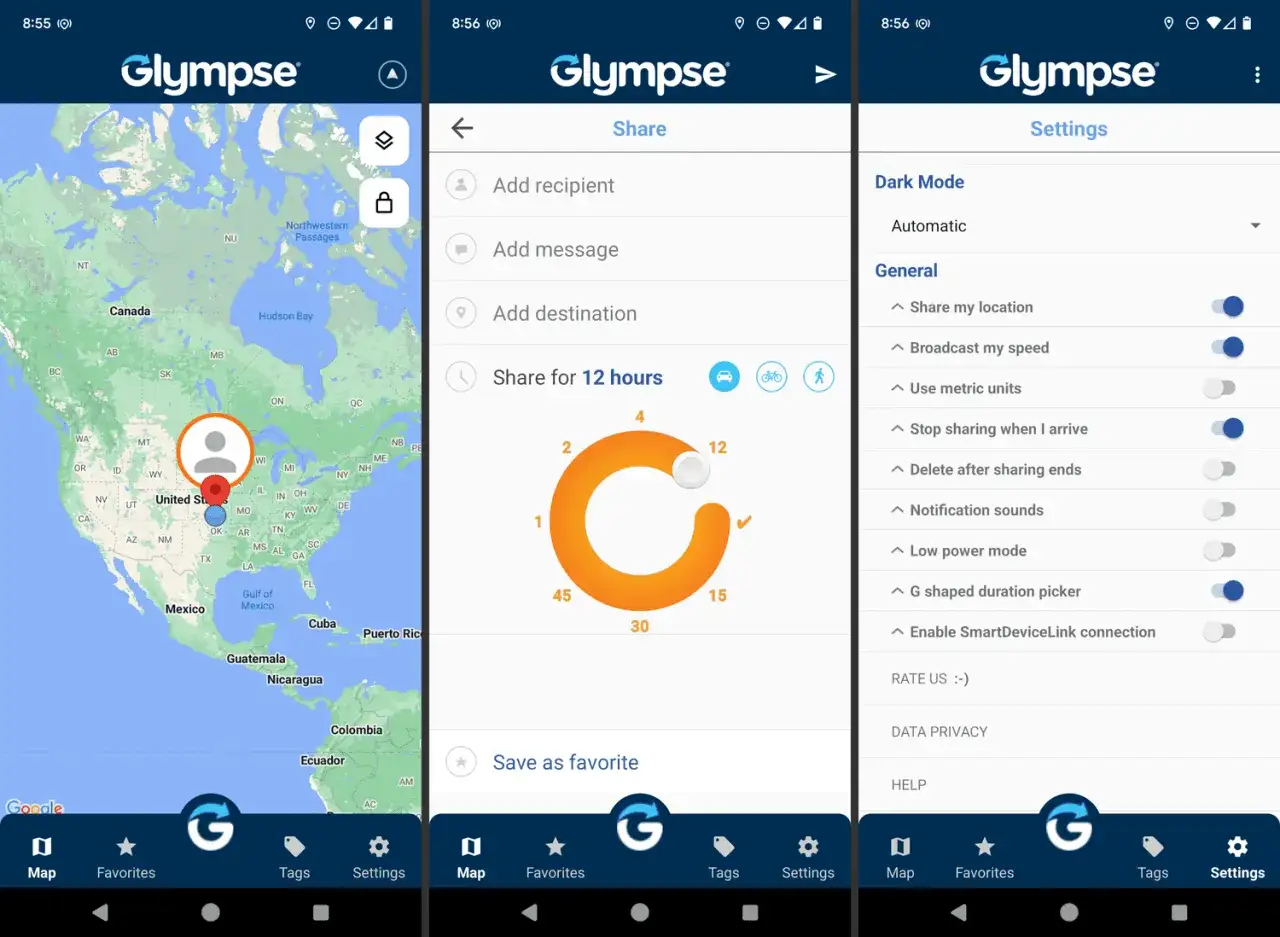Schermata dell'app Glympse che mostra come inviare la posizione, con mappa e opzioni di condivisione.