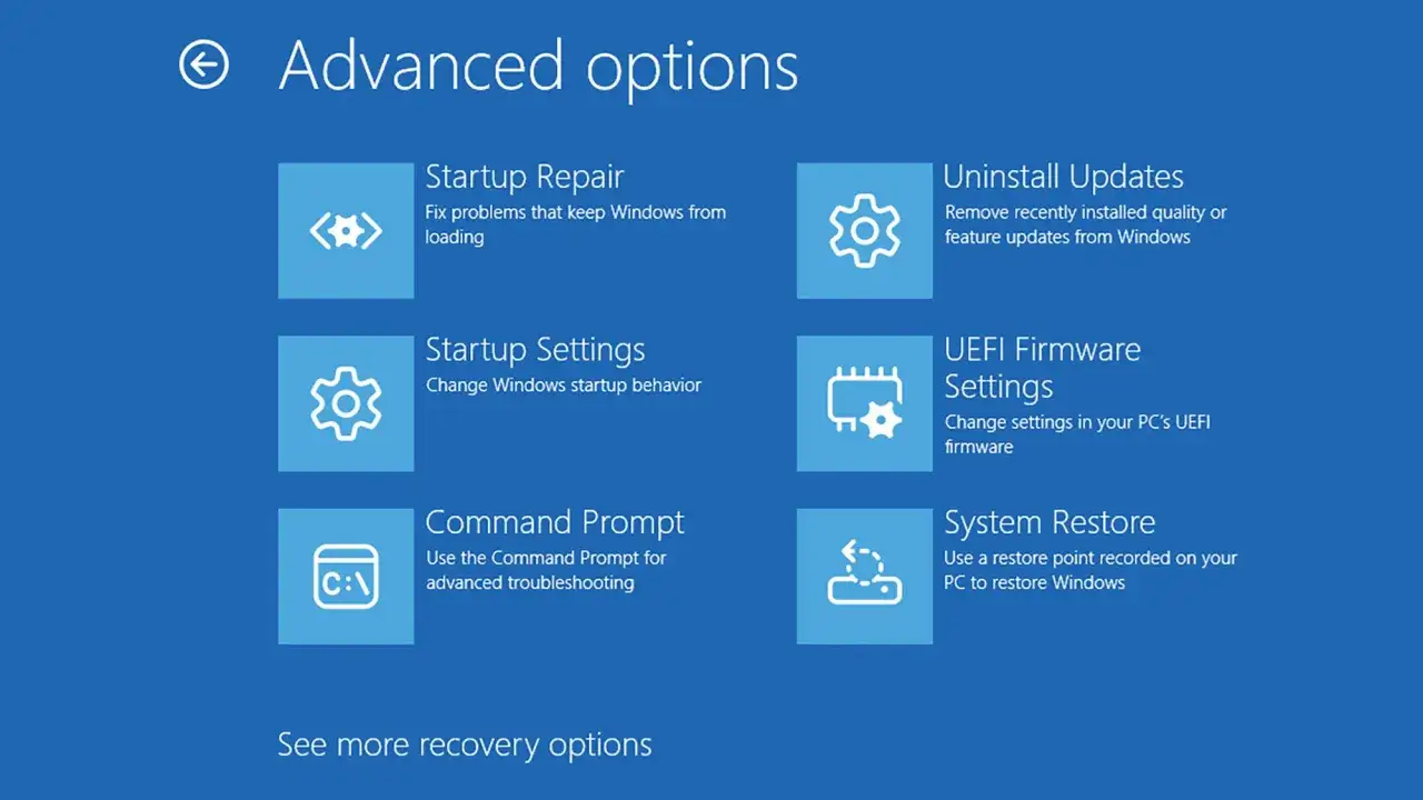 Schermata opzioni avanzate di Windows, con opzioni come Ripristino all'avvio, Impostazioni di avvio (per la modalità provvisoria), Prompt dei comandi e Ripristino configurazione di sistema.