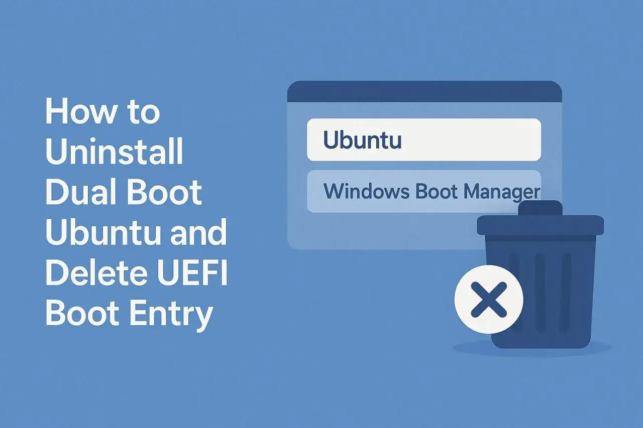 Guida per disinstallare Ubuntu da un dual boot e rimuovere la voce UEFI. Un cestino con una X indica l'eliminazione.