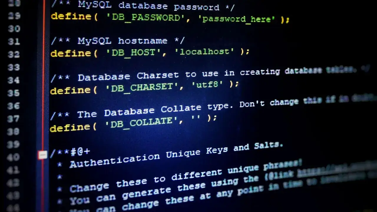 Codice PHP che definisce le impostazioni del database, inclusa la configurazione del sql collate.