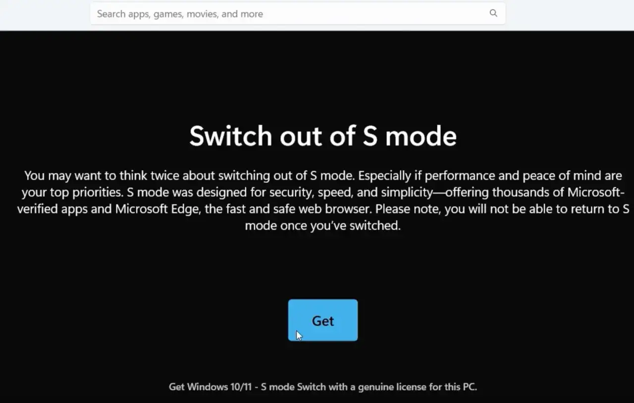 Schermata per disattivare modalità S di Windows 10. Offre informazioni sulla modalità S e un pulsante 