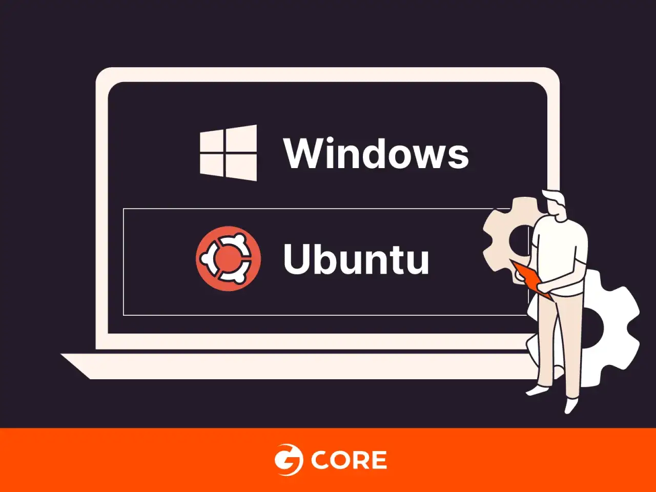 Configurazione di un laptop per il dual boot Windows 10 e Ubuntu, con un personaggio che interagisce con ingranaggi.