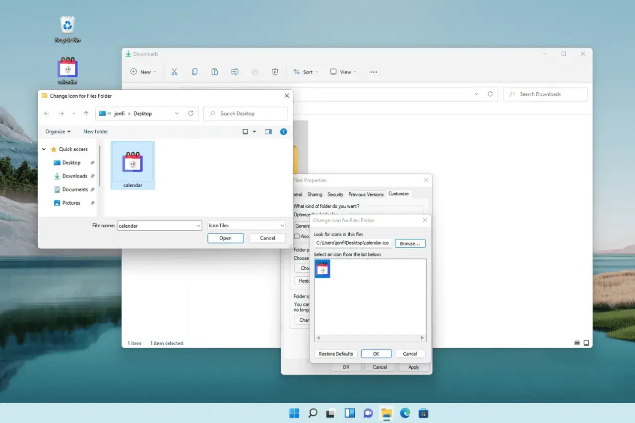 Finestra di dialogo per cambiare le icone cartelle Windows 11, con un'icona calendario selezionata.