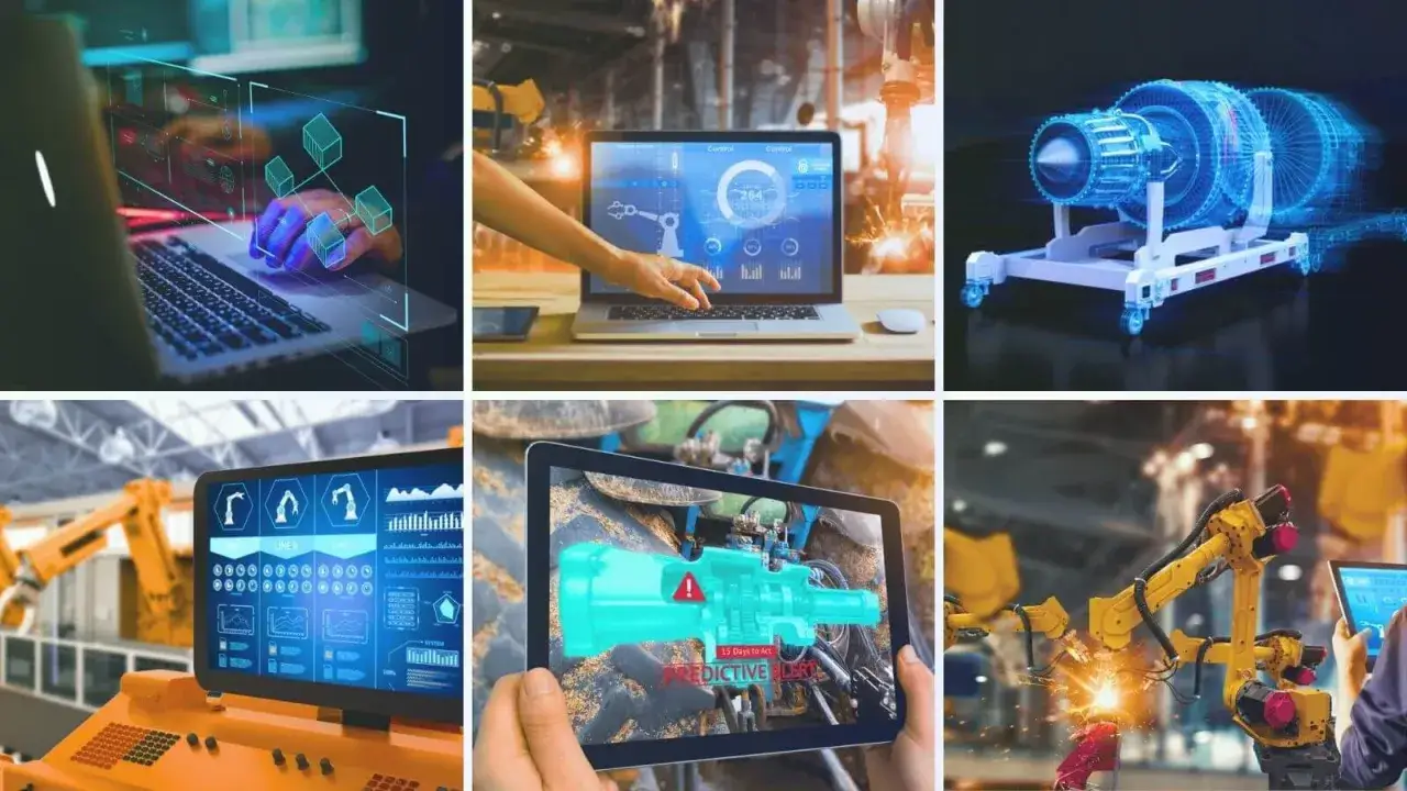 Il gemello digitale di un motore a reazione, un trattore e robot industriali, visualizzati su schermi e tablet, mostrano il futuro della manutenzione predittiva.