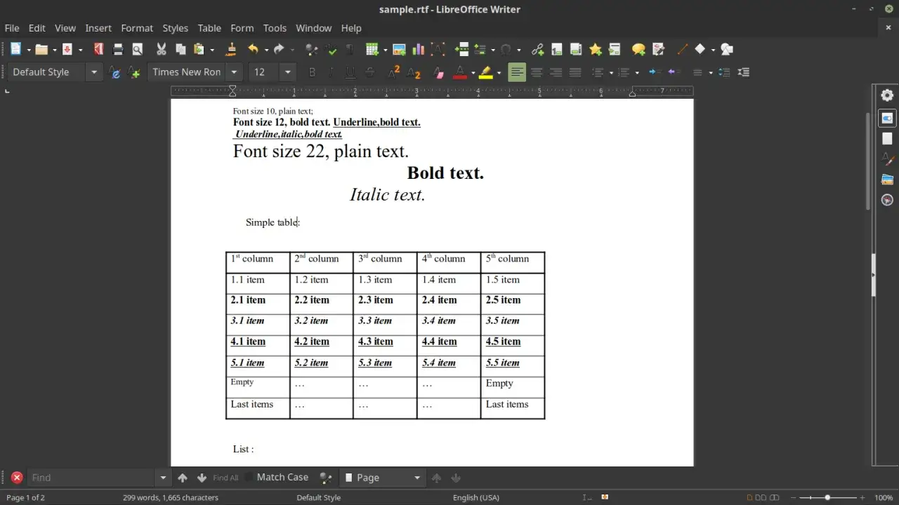 Un documento .rtf in LibreOffice Writer mostra testo formattato, grassetto, corsivo, sottolineato e una tabella.