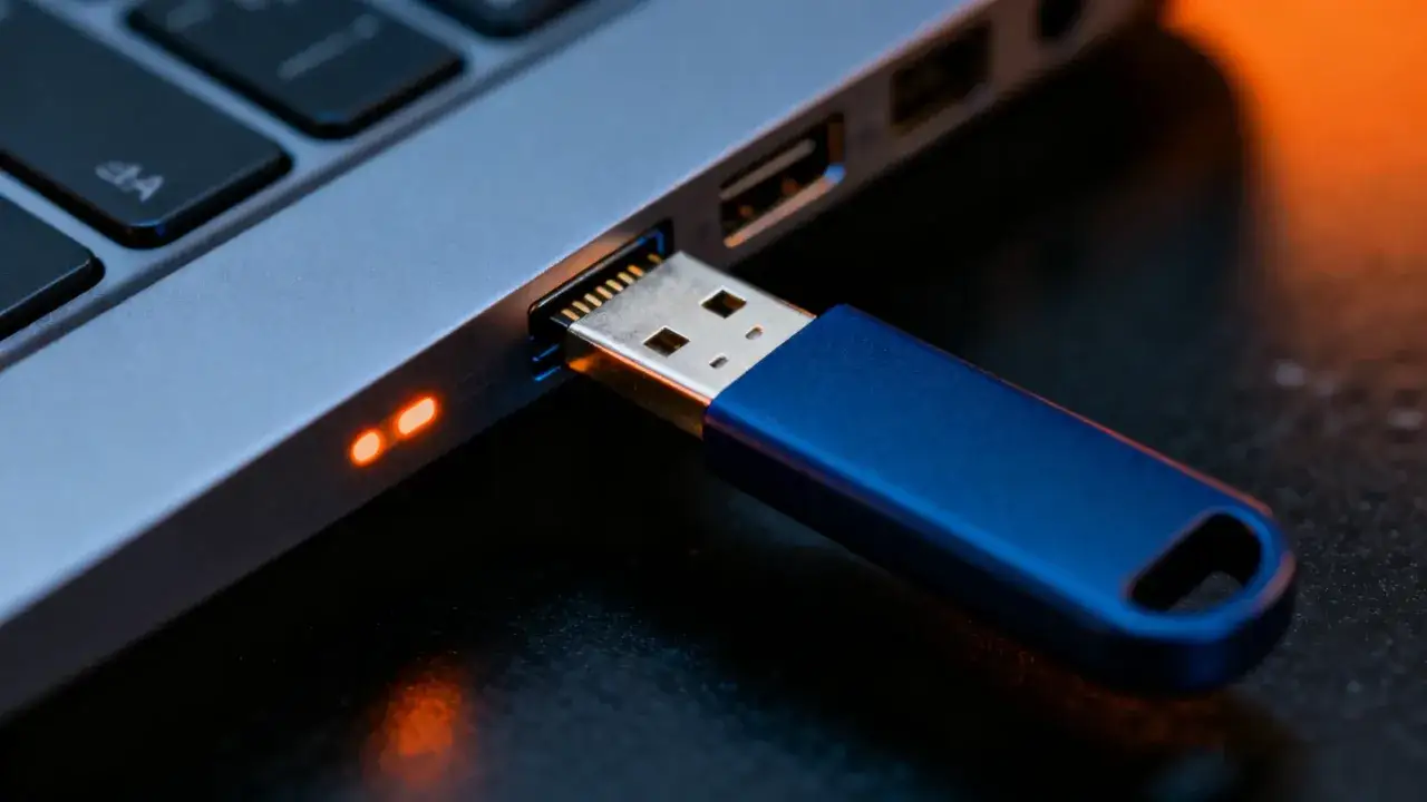 Una chiavetta USB blu &egrave; inserita in un laptop. Le luci di stato arancioni indicano che &egrave; necessario formattare il disco per poterlo utilizzare.