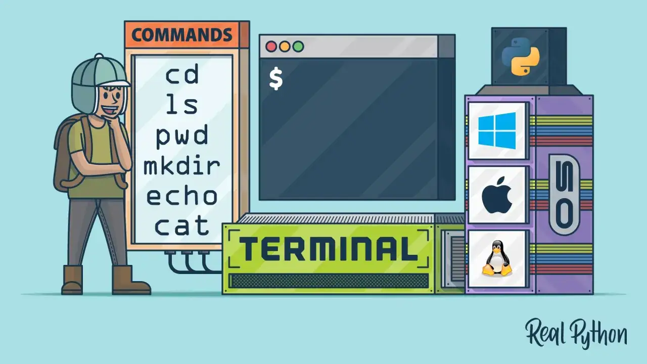 Ragazzo con zaino impara comandi terminale per esercizi Python. Simboli Windows, Mac, Linux e Python.