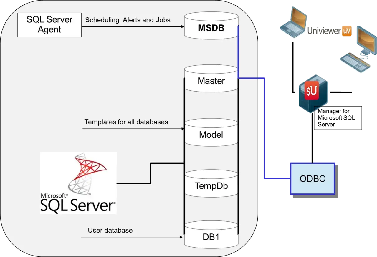 Diagramma di architettura SQL Server con SQL Server Agent che gestisce pianificazioni, avvisi e job.