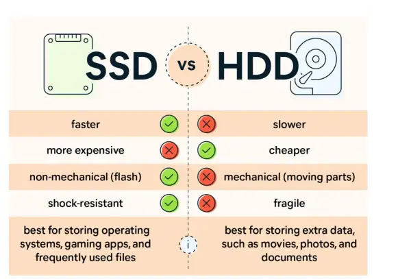 Confronto tra SSD e HDD: che cos'è l'hard disk? L'SSD è più veloce, non meccanico e resistente agli urti, ideale per sistemi operativi. L'HDD è più lento, economico e fragile, ottimo per archiviare dati.