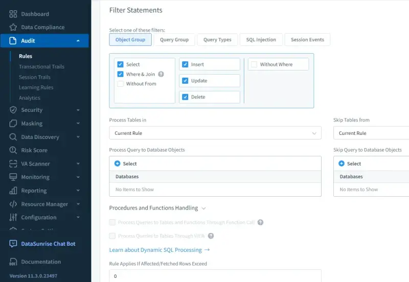 Configurazione di filtri per query SQL: selezione di tipi di elaborazione (SELECT, INSERT, UPDATE, DELETE) e gestione di tabelle e oggetti database.