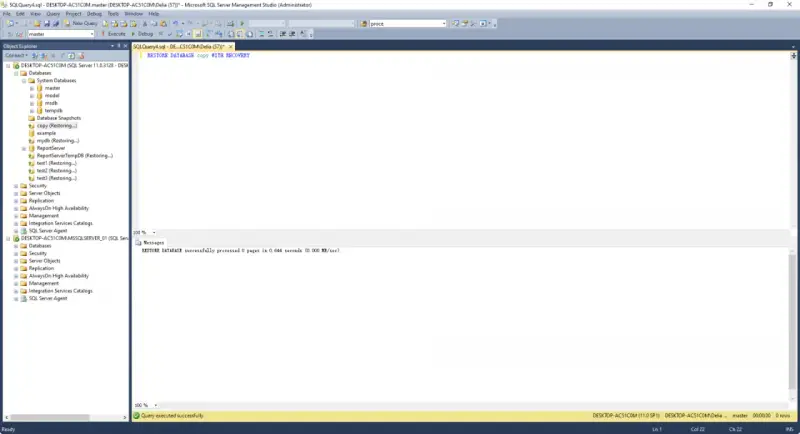 SQL Server Management Studio showing a database restore query and its successful execution message.