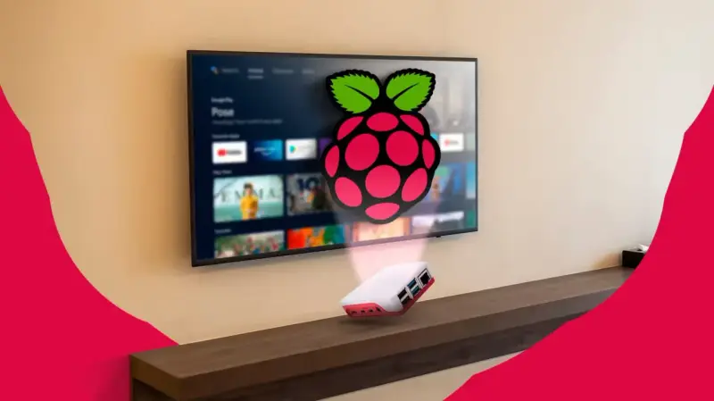 Un Raspberry Pi 3 con logo Raspberry Pi proietta un'interfaccia Android TV su uno schermo.