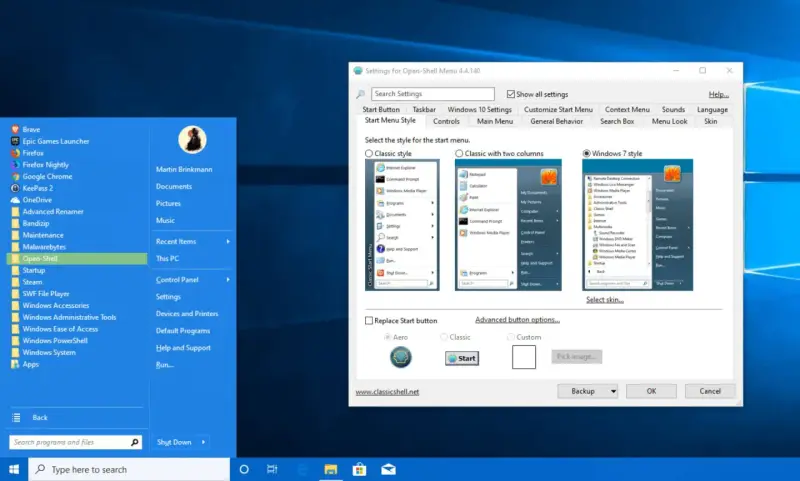 Impostazioni di Open-Shell per personalizzare il tasto Start Windows 10.