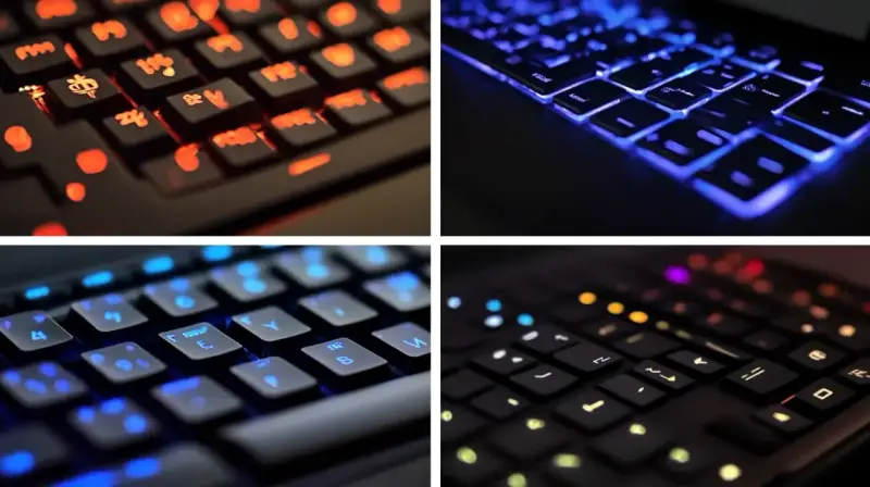 Tastiere illuminate con colori vivaci: rosso, blu e giallo. Le stellette sulle tastiere brillano, creando un'atmosfera futuristica.