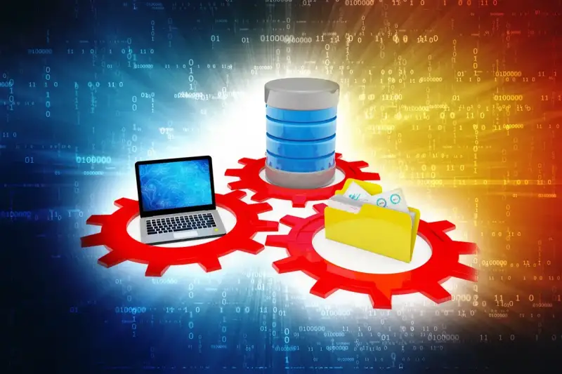 Un laptop, un database e una cartella su ingranaggi rossi, con codice binario sullo sfondo. Simboleggia la gestione dei dati e il ruolo di sql server agent.